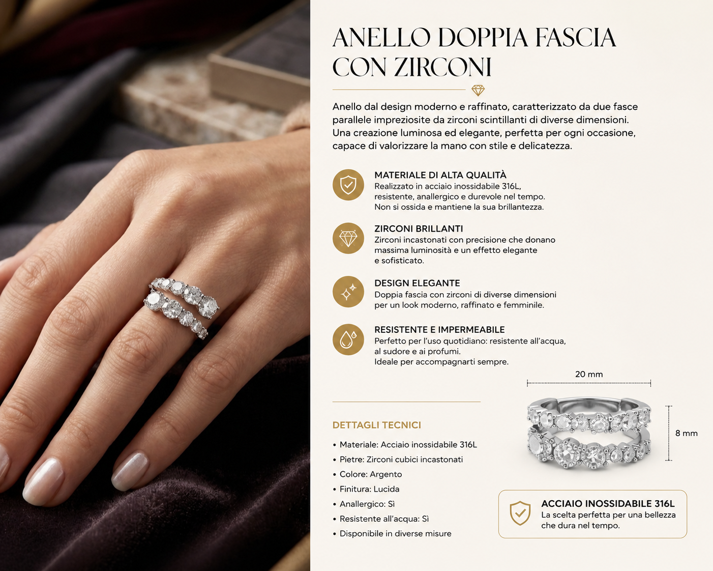 Anello doppia fascia con zirconi